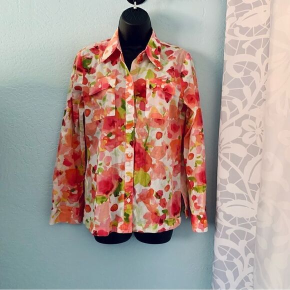 Jones New York Pink & Green Floral Long Sleeve Button Down Shirt Size Small - Picture 1 of 13